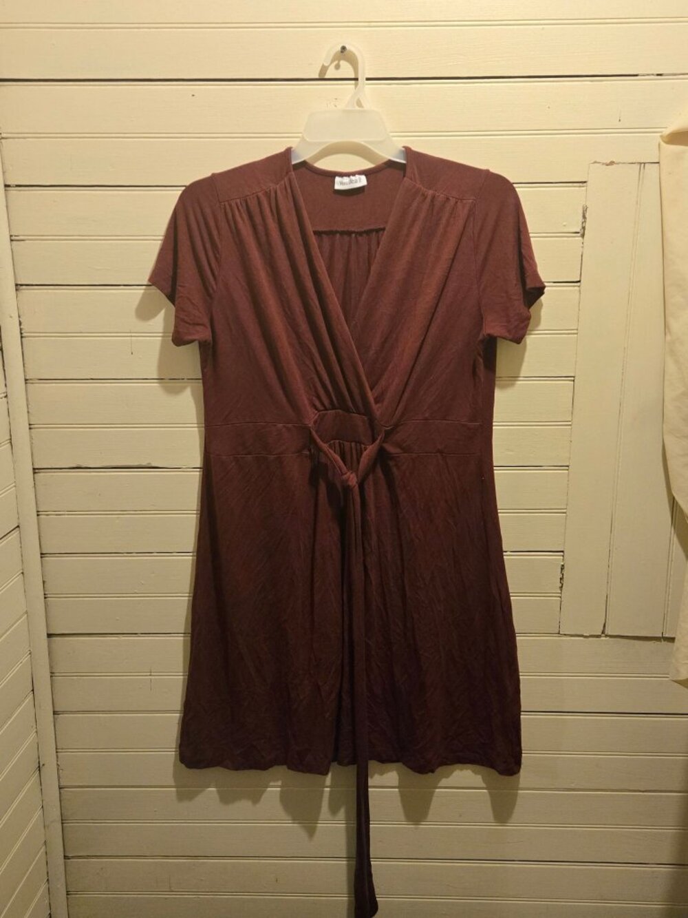 Yessica Dress Womens XL Burgundy Wrap Front Short Sleeve Tie Waist Knit Casual